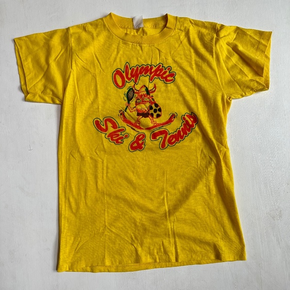 Vintage Yellow Olympic Ski & Tennis Viking Graphic Tee - Picture 1 of 4
